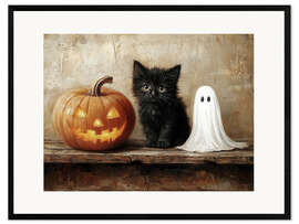 Gerahmter Kunstdruck Süßes schwarzes Kätzchen mit Gespenst