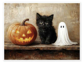 Poster Süßes schwarzes Kätzchen mit Gespenst