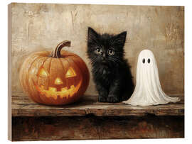Holzbild Süßes schwarzes Kätzchen mit Gespenst