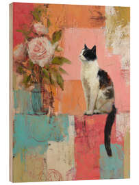 Holzbild Rosen und Katze - DejaReve