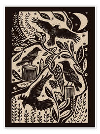 Poster Raben im nächtlichen Garten