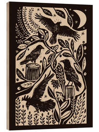 Holzbild Raben im nächtlichen Garten