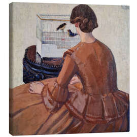 Leinwandbild Junge Frau vor einem Vogelkäfig - Broncia Koller Pinell