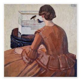 Wandbild Junge Frau vor einem Vogelkäfig - Broncia Koller Pinell