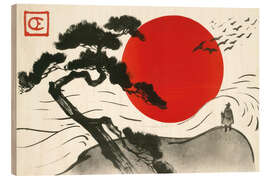 Holzbild Japanische Landschaft mit aufgehender Sonne
