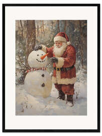 Gerahmter Kunstdruck Vintage Weihnachtsmann und Schneemann