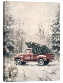 Leinwandbild Roter Vintage Truck mit Weihnachtsbaum