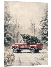 Hartschaumbild Roter Vintage Truck mit Weihnachtsbaum