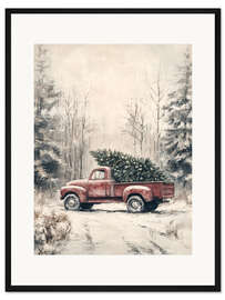 Gerahmter Kunstdruck Roter Vintage Truck mit Weihnachtsbaum - TAlex