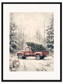 Gerahmter Kunstdruck Roter Vintage Truck mit Weihnachtsbaum