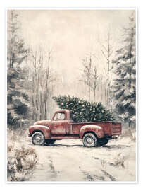 Wandbild Roter Vintage Truck mit Weihnachtsbaum - TAlex