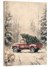 Holzbild Roter Vintage Truck mit Weihnachtsbaum