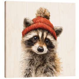 Holzbild Winterlicher Waschbär mit Mütze - UtArt