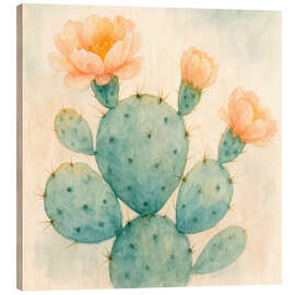 Holzbild Blühender Kaktus mit pfirsichfarbenen Blüten - Natalie Bruns