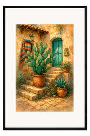 Gerahmter Kunstdruck Sonniges mexikanisches Haus mit blühendem Kaktus