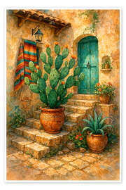 Wandbild Sonniges mexikanisches Haus mit blühendem Kaktus - Natalie Bruns