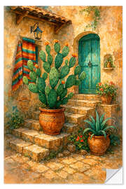 Wandsticker Sonniges mexikanisches Haus mit blühendem Kaktus