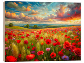 Holzbild Mohnfeld im Frühling mit leuchtenden Farben - nobelart