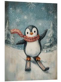 Hartschaumbild Süßer kleiner Pinguin beim Ski-Fahren