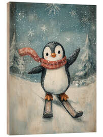 Holzbild Süßer kleiner Pinguin beim Ski-Fahren