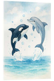 Acrylglasbild Verspielter Delfin und Orca springen im Meer - Natalie Bruns