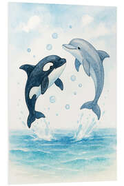 Hartschaumbild Verspielter Delfin und Orca springen im Meer - Natalie Bruns