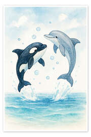 Wandbild Verspielter Delfin und Orca springen im Meer - Natalie Bruns