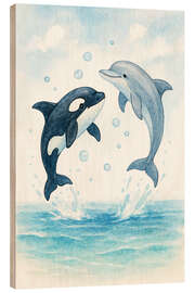 Holzbild Verspielter Delfin und Orca springen im Meer - Natalie Bruns