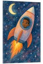 Acrylglasbild Junge fliegt in einer Rakete durch die Sterne - Natalie Bruns