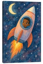 Canvas print Boy flying in rocket ship through the stars - Natalie Bruns