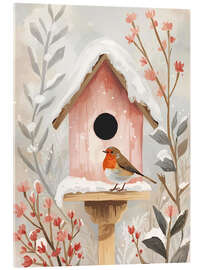 Acrylglasbild Vogelhaus mit Rotkehlchen und Pflanzen