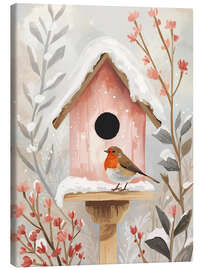 Leinwandbild Vogelhaus mit Rotkehlchen und Pflanzen