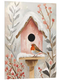 Hartschaumbild Vogelhaus mit Rotkehlchen und Pflanzen