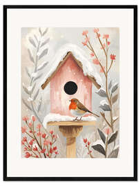 Gerahmter Kunstdruck Vogelhaus mit Rotkehlchen und Pflanzen