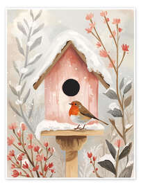 Poster Vogelhaus mit Rotkehlchen und Pflanzen