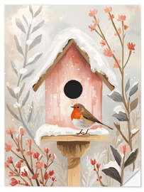 Wandsticker Vogelhaus mit Rotkehlchen und Pflanzen