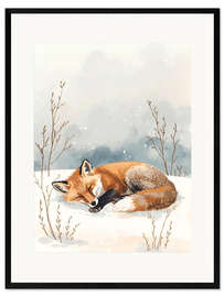 Gerahmter Kunstdruck Schlafender Fuchs im Schnee