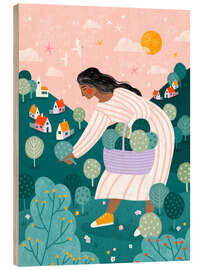 Holzbild Eine Frau beim Obstpflücken