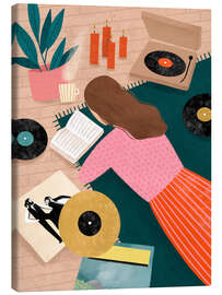 Leinwandbild Plattenspielen und Lesen