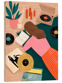 Holzbild Plattenspielen und Lesen