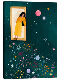 Leinwandbild Gelbes Kleid lehnt sich aus dem Fenster