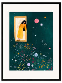 Gerahmter Kunstdruck Gelbes Kleid lehnt sich aus dem Fenster