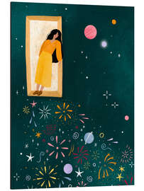 Magnettafel Gelbes Kleid lehnt sich aus dem Fenster