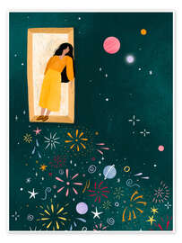 Wandbild Gelbes Kleid lehnt sich aus dem Fenster - Bea Müller