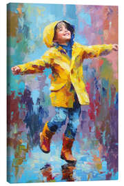 Leinwandbild Glücklicher Junge tanzt im Regen