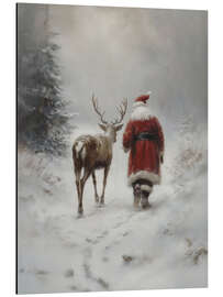 Alubild Vintage Weihnachtsmann mit Rentier