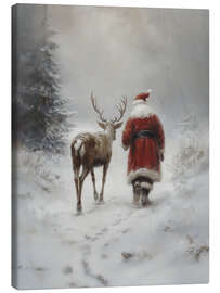 Leinwandbild Vintage Weihnachtsmann mit Rentier