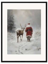 Gerahmter Kunstdruck Vintage Weihnachtsmann mit Rentier
