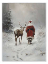 Wandbild Vintage Weihnachtsmann mit Rentier - TAlex