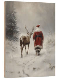 Holzbild Vintage Weihnachtsmann mit Rentier